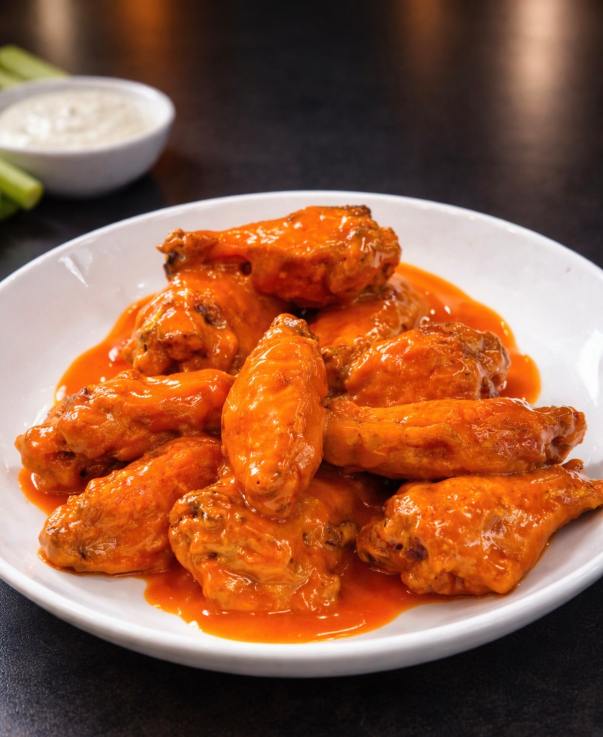 Crispy buffalo wings tossed in sauce